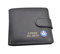 Personalised on the Front, Blue and Gold Masonic Coin with G Design Black Leather Bi-Fold Wallet