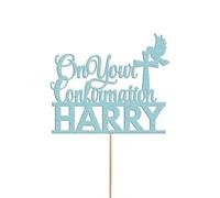 Personalised on your Confirmation Dove Cake Topper Congratulation Birthday Cake Any Name | Personalised Cake Topper with Custom Name & Age | Birthday Party Decoration | Sky Blue