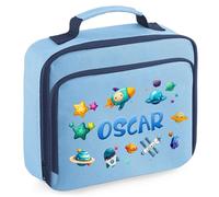 Personalised Outer Space Kids Lunch Bag Custom Stars Planets Rockets Lunchbox for Back to Nursery School, 24cm x 20cm x 8cm, Sky Blue