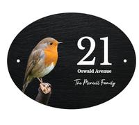 Personalised Oval Slate House Sign Door/Name Plate Robin Kingfisher Owl Blue Bird Squirrel (UV PRINTED) (Robin)
