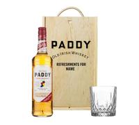 Personalised Paddy Irish Whiskey Set with Whiskey Glass in Wooden Box - 70cl (40%) - Gifts for Men, Mens Gifts, Christmas, Father's Day, Birthdays, Boyfriend, Hamper,
