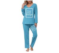 Personalised Pajama Sets Women Custom Outfits Ladies Your Own Design Loungewear Novelty Any Text Photo Pjs Customized Company Workwear School Logo Letter Uniform Gifts Sky Blue
