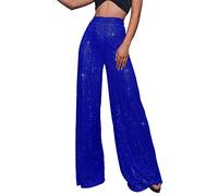 Personalised Pants for Women Sequin Trousers for Women UK Sparkly High Waist Flared Wide Leg Loose Drape Lounge Pants Elegant Glitter Long Maxi Pant Shiny Bling Club Party Y2K Streetwear Blue