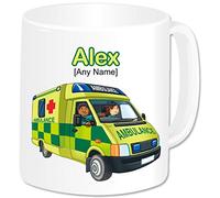 Personalised Paramedic Gift - Ambulance Mug (Any Name Any Message). UK British Emergency Services Paramedic Medical Hospital Staff Red Cross Van Vehicle Automobile Theme (White Handle & Rim)