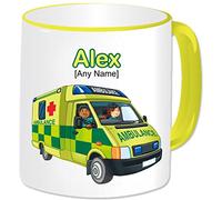 Personalised Paramedic Gift - Ambulance Mug (Any Name Any Message). UK British Emergency Services Paramedic Medical Hospital Staff Red Cross Van Vehicle Automobile Theme (Yellow Handle & Rim)