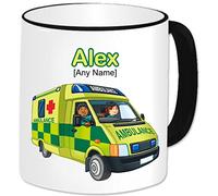 Personalised Paramedic Gift - Ambulance Mug (Any Name Any Message). UK British Emergency Services Paramedic Medical Hospital Staff Red Cross Van Vehicle Automobile Theme (Black Handle & Rim)