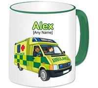 Personalised Paramedic Gift - Ambulance Mug (Any Name Any Message). UK British Emergency Services Paramedic Medical Hospital Staff Red Cross Van Vehicle Automobile Theme (Green Handle & Rim)