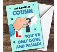 Personalised Passed Driving Test Card For Cousin Car Key Blue | Custom Greetings Card For Passed Driving Test Any Text Inside & Out