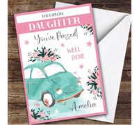 Personalised Passed Driving Test Card For Daughter Car Flowers Pink | Custom Greetings Card For Passed Driving Test Any Text Inside & Out