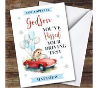 Personalised Passed Driving Test Card For Godson Hedgehog Car Balloons | Personalized Custom Unique Greetings Card For Passed Driving Test Any Text Inside & Out
