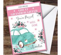 Personalised Passed Driving Test Card For Great Granddaughter Car Flowers Pink | Personalized Custom Unique Greetings Card For Passed Driving Test Any Text