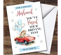 Personalised Passed Driving Test Card For Husband Hedgehog Car Balloons | Custom Greetings Card For Passed Driving Test Any Text