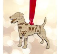 Personalised Patterdale Dog Christmas Tree Bauble Decoration, Wearing a Dog Jumper Design with Snowflakes, Customised Puppy Hanging Ornament, Oak Veneer Wood with Red Ribbon