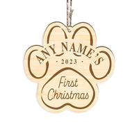 Personalised Paw Print First Christmas Ornament - Custom Pet Name, Rustic Dog/Cats first Christmas Tree Decor, Wooden Xmas Bauble Decoration