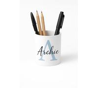 Personalised Pencil Pot - Custom Name & Initial Design - Pink or Blue Letter with Black Name - Ceramic Desk Organiser (92mm High x 83mm Wide) - Gift for Kids, Students & Office (Blue Name)