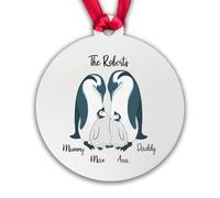 Personalised Penguin Bauble - New Baby - Family Bauble Christmas Tree Gift - White (2 Children, Decoration with Gift Box)