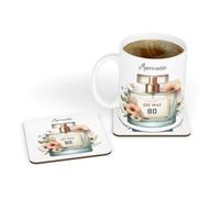 Personalised Perfume Bottle Est. 1945 80th Birthday White Ceramic Tea|Coffee Mug & Coaster Gift Set for Ladies|Women|Her|Mother|Mum|Wife|Nan|Nanny|Nanna|Grandma|Gran
