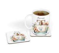 Personalised Perfume Bottle Est. 1975 50th Birthday White Ceramic Tea|Coffee Mug & Coaster Gift Set for Ladies|Women|Her|Daughter|Mum|Wife|Nan|Nanny|Nanna|Grandma|Gran