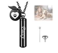Personalised Pet Ashes Necklace Urn - Custom Engraved Pet Name & Paw Print Charm - Memorial Jewellery For Dog/Cat Ashes With Filling Kit - Stainless Steel Gift For Women & Men (Style A-Black)