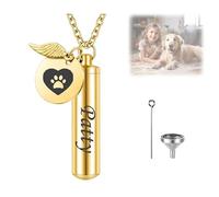 Personalised Pet Ashes Necklace Urn - Custom Engraved Pet Name & Paw Print Charm - Memorial Jewellery For Dog/Cat Ashes With Filling Kit - Stainless Steel Gift For Women & Men (Style A-Gold)