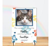Personalised Pet Bereavement Photo Plaque - "Favourite Hello Hardest Goodbye" Custom Memorial, Available in MDF or Acrylic, Size 148mm x 210mm (Mdf Wood 21cm x 15cm, Blue)