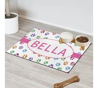 Personalised Pet Feeding Mat - Diatomaceous Earth Custom Food Mat with Photo or Name Absorbent Machine Washable Non-Slip Backing for Dogs & Cats (Colourful Footprints)