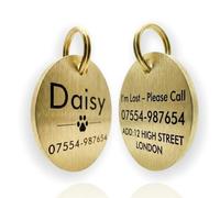 Personalised Pet ID Tag Premium Dog & Cat Name Tag Deep Engraved Brushed German Brass & Classic Brass Pet ID Tag UK Shipped Durable Pet Collar Accessory 4size 20mm 25mm 30mm 35mm