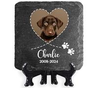 Personalised Pet Memorial Plaque Heart Shape Photo Frame Slate Stone Paw Print Dog Cat Grave Marker Natural Dark Grey Rock 100 x 100 mm / 3.94 x 3.94 inch | Design 2