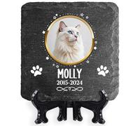 Personalised Pet Memorial Plaque Round Photo Frame Star Design Slate Stone Dog Cat Grave Marker Paw Print Natural Dark Grey Rock 100 x 100 mm / 3.94 x 3.94 inch | Design 5