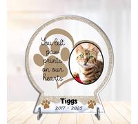 Personalised Pet Memorial Snowglobe Photo 2D Flat Plaque - Acrylic Freestanding Bereavement Keepsake with Custom Name & Years for Cats Dogs In Heaven (Gold)