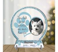 Personalised Pet Memorial Snowglobe Photo 2D Flat Plaque - Acrylic Freestanding Bereavement Keepsake with Custom Name & Years for Cats Dogs In Heaven (Blue)