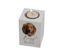 Personalised Pet Memorial Tealight Candle Holder, White, H 10cm W 7cm