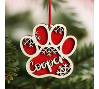 Personalised Pet Paw Ornament, Wooden 2 Layer Christmas Ornament with Name, Gift for Dog Lover or Pet Memorial Keepsake, Pet Name Christmas, Winter Snowflake Wooden Holiday Decor (Style 01)