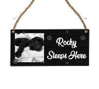Personalised Pet Photo Plaque - "Rocky Sleeps Here" Custom Sign - Add Your Pet's Name & Photo - Choice of MDF Wood or Acrylic - Pet Lover’s Gift (Acrylic Indoor & Outdoor Use)
