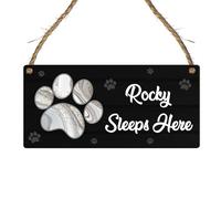 Personalised Pet Sleeping Sign - "Rocky Sleeps Here" Custom Plaque - Add Your Pet's Name - Paw Print Design - Pet Lover’s Gift (Mdf Wood Indoor Use Only)