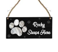 Personalised Pet Sleeping Sign - "Rocky Sleeps Here" Custom Plaque - Add Your Pet's Name - Paw Print Design - Pet Lover’s Gift (Acrylic Indoor & Outdoor Use)