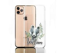 Personalised Phone Case For Apple iPhones, 14, 13, 12, 11, Pro Max, Mini, XR, XS, Initial/Name/Text, Black and White Badger Design on Clear Hard Cover