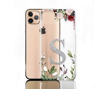 Personalised Phone Case For Apple iPhones, 14, 13, 12, 11, Pro Max, Mini, XR, XS, Large Silver Initial and Flowers on Clear Hard Phone Cover, Flower Case, Floral Cover, Initial Phone Case