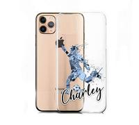 Personalised Phone Case For Apple iPhones, 14, 13, 12, 11, Pro Max, Mini, XR, XS, Light Blue Marble Football Player with Name/Text/Initials on Clear Hard Phone Cover, Football Phone Case
