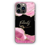 Personalised Phone Case For Apple iPhones, 16, 15, 14,13, 12, 11, Pro Max, Mini, XR, SE Custom Plastic Hard Phone Cover, Feather Name Black and Pink Marble Phone Case, Initial Phone Case
