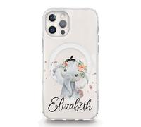 Personalised Phone Case For Apple iPhones, 16, 15, 14, 13, SE Pro Max, Mini, Plus, Samsung S23, S24, S25 Clear Gel Case Compatible with MagSafe, Initial/Name/Text, Pink Flower Elephant Drops