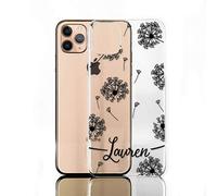 Personalised Phone Case For Apple iPhones, 16, 15, 14, 13, SE Pro Max, Mini, Plus, Samsung S23, S24, S25 Gel Case Compatible with MagSafe, Black Dandelion Print with Initials on Clear Gel Cover