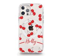 Personalised Phone Case For Apple iPhones, 16, 15, 14, 13, SE Pro Max, Mini, Plus, Samsung S23, S24, S25 Gel Case Compatible with MagSafe, Red Cherry Print with Red Name/Initials on Clear Case
