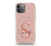 Personalised Phone Case for Huawei P Phones, P Smart, P9, P20, P30, P40 Pro, Lite with Heart Pattern and Personalised Initial and Custom Name Cover in Soft Pink