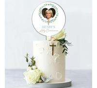 Personalised Photo Acrylic Cake Topper for Christenings, Holy Communions & Confirmations - Custom Child’s Name & Photo with Floral Wreath Designs (Holy Communion, Blue & Green Wreath)