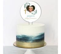Personalised Photo Acrylic Cake Topper for Christenings, Holy Communions & Confirmations - Custom Child’s Name & Photo with Floral Wreath Designs (Holy Communion, Green Leafy Wreath)