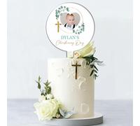 Personalised Photo Acrylic Cake Topper for Christenings, Holy Communions & Confirmations - Custom Child’s Name & Photo with Floral Wreath Designs (Christening Day, Green Leafy Wreath)