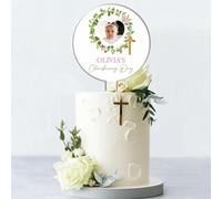 Personalised Photo Acrylic Cake Topper for Christenings, Holy Communions & Confirmations - Custom Child’s Name & Photo with Floral Wreath Designs (Christening Day, Green Wreath Pink Butterfly)