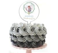 Personalised Photo Acrylic Cake Topper for Christenings, Holy Communions & Confirmations - Custom Child’s Name & Photo with Floral Wreath Designs (Christening Day, Blue & Green Wreath)