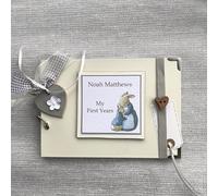 Personalised photo album/scrapbook journal first years. newborn/baby arrival. birthday. Champagne Ivory. peter rabbit beatrix potter. A5 size 21cm x 14 cm